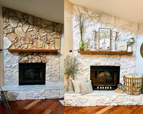 Stone Fireplace Over Grout, Boho Stone Fireplace, 70s Fireplace Makeover Stone, Rock Chimney Fireplaces, Painted Cobblestone Fireplace, Lava Stone Fireplace, Large Stone Fireplace Makeover, Stone Fireplace Before And After, Rock Fireplace Makeover Before And After