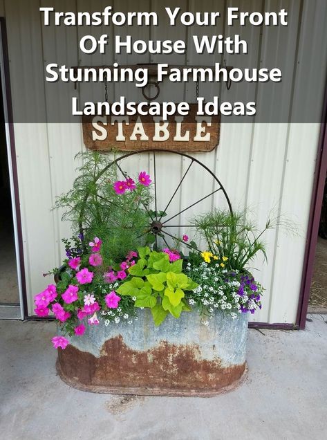 Looking to enhance your front of house? Explore these farmhouse landscape ideas to create a stunning outdoor space. From charming flower beds to rustic pathways, these front of house landscape ideas will elevate your curb appeal effortlessly. Check out these inspirational farmhouse designs now! Farmhouse Front Garden, Landscape Ideas Farmhouse, Farmhouse Front Yard Landscaping Ideas, Farmhouse Landscape Ideas, Front Of House Landscape Ideas Farmhouse, Farm Landscaping Ideas, Ranch Landscaping Ideas, Farmhouse Landscaping Ideas, Rustic Pathways