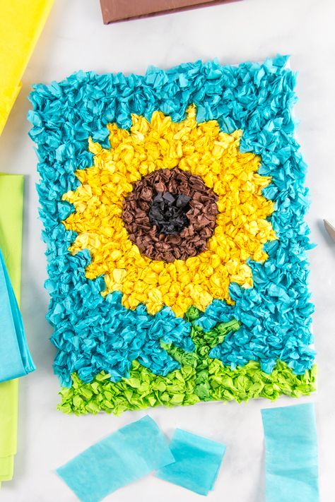 Tissue Paper Crafts, Tissue Paper Art, Green Tissue Paper, Fun Summer Crafts, Sunflower Crafts, Paper Sunflowers, Blue Tissue Paper, Balloon Crafts, Paper Flower Crafts