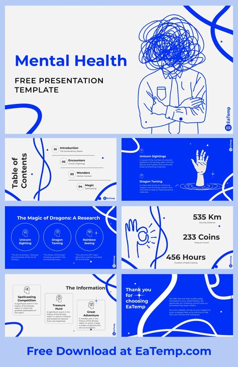 EaTemplates: Modern Mental Health PowerPoint Template

Stunning and professional PowerPoint template for therapists, counselors, and mental health professionals. This template features a modern design with calming colors and plenty of resources to help you create engaging presentations. Try it Pdf Presentation Design, Slides Design Presentation, Powerpoint Design Free, Editorial Presentation, Slide Deck Design, Luxury Catalogue, Health Graphic Design, Presentation Design Ideas, Communication Poster