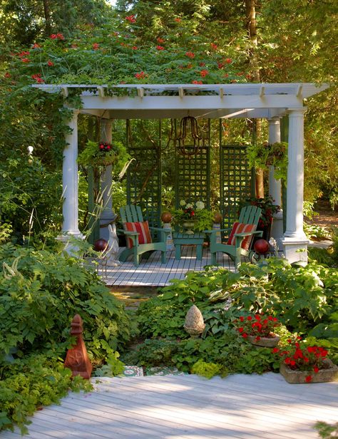 Although many pergolas have four open sides, the addition of privacy screens can increase seclusion on one or multiple sides. Three trellises line one side of this pergola creates a more intimate setting. #pergolaideas #backyardideas #outdoorgardenideas #landscaping #gardenpergola #bhg Attached Pergola, Small Pergola, Pergola Ideas, Pergola Attached To House, Wood Pergola, Pergola Design, Backyard Pergola, Deck With Pergola, Outdoor Room