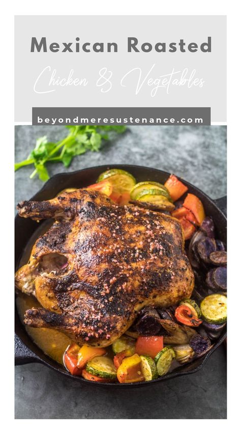 Mexican Roasted Chicken and Vegetables brings vibrant Mexican flavor with a mole-inspired rub and a garlic and citrus glaze. It's easy, healthy, and delicious! #roastedchickenrecipes #healthyMexicanrecipes #onepotmeals #healthydinners #healthyweeknightmeals #glutenfreemains #Latinrecipes #Mexicanspiceblend #beyondmeresustenance Mexican Roast, Roasted Chicken And Vegetables, Citrus Glaze, Healthy Mexican Recipes, Healthy Weeknight Meals, Healthy Mexican, Chicken With Olives, Ethnic Food, Roast Chicken Recipes