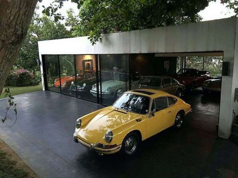 Living the Dream (26 Photos) - Suburban Men Porsche Garage, 240z Datsun, Allroad Audi, Glass Garage, Cool Garages, Luxury Garage, Porsche 912, Modern Garage, Motorcycle Garage