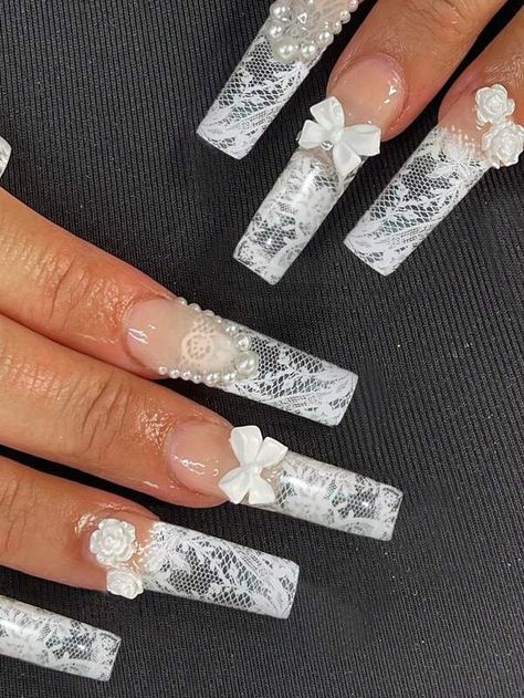 Buscar Press Nails | SHEIN White And Bling Nails, Lace Acrylic Nails, Lace Nails Designs, Nails Square White, Lace Wedding Nails, Nails Lace, Lace Pattern Design, Lace Nail Design, White Lace Nails