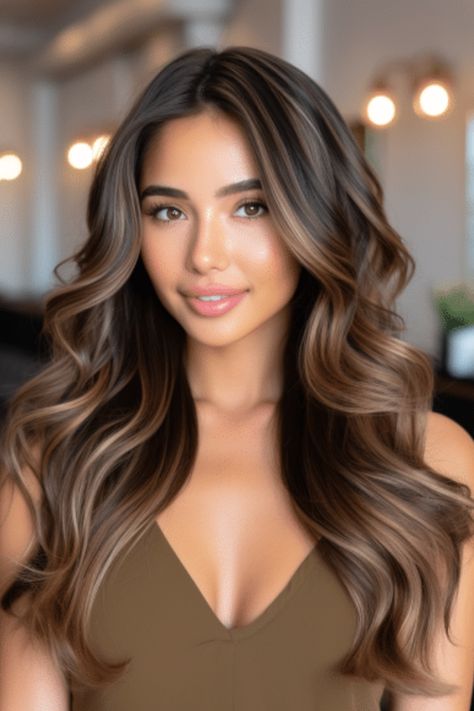 Chocolate Brown with Caramel Lowlights Hair Color For Brown Eyes, Rambut Brunette, Brown Hair Looks, Brunette Hair With Highlights, Spring Hair Color, Brunette Balayage Hair, Brown Hair Balayage, Balayage Brunette, Brown Hair With Highlights