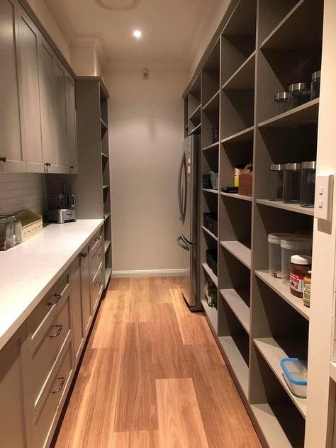 Walk In Pantry Ideas Layout With Freezer, Walk In Pantry With Closed Cabinets, Walk Through Pantry To Laundry, Pantry With Full Size Fridge, Walk In Pantry With Freezer Inside, Long Narrow Butlers Pantry, Walk In Pantry With Fridge And Freezer, Long Walk In Pantry, Pantry Design With Fridge