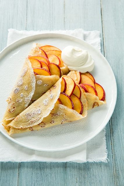 Vanilla Bean Crepes with Peaches and Cream Sweet Crepes Recipe, Easy Crepe Recipe, Sweet Crepes, Desserts Ideas, Peaches And Cream, Crepe Recipes, Cooking Classy, Allergy Free, Puff Pastry