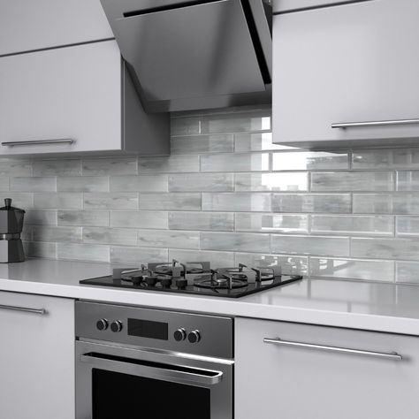 Chip Size: 3" x 12" Material: Glass Actual Size: 3" x 12" Thickness: 8mm Color: Gray, White Glass Subway Tile Backsplash, Backsplash For White Cabinets, Gray And White Kitchen, White Kitchen Remodeling, Subway Tile Kitchen, Diy Kitchen Renovation, Kitchen Backsplash Designs, Glass Tile Backsplash, Backsplash Designs