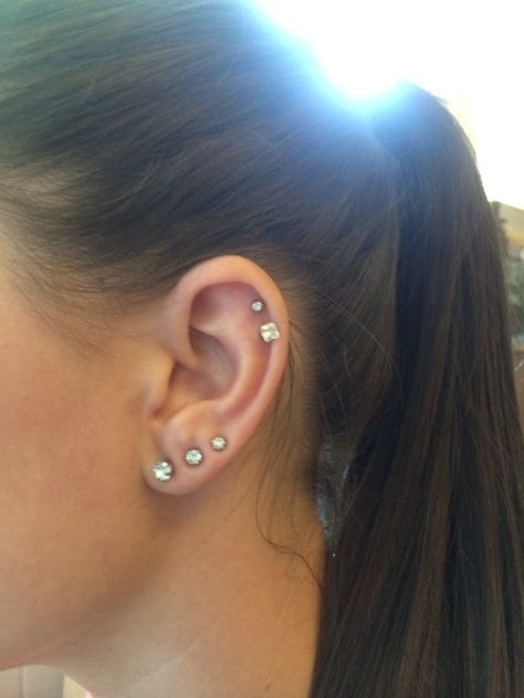 In love with my double cartilage! I strongly recommend it! :) Double Piercing With Cartilage, Thirds And Cartilage Piercing, Double Hoop Earrings Cartilage, Doubles With Cartilage, Double Cartlidge Peircings, Double Cartilage, Tattoos And Piercings, Diamond Earrings, Piercings