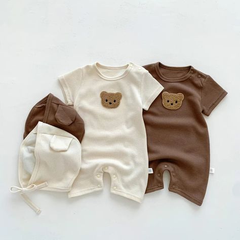 Introduce your little one to summer comfort and style with our Waffle Patch Bear Baby Romper. Designed for both baby girls and boys, this charming short-sleeved romper features a unique waffle texture, enhanced by an adorable bear patch that adds a touch of whimsy. Crafted from soft cotton, this infant jumpsuit is gentle on newborn skin, ensuring your baby stays comfortable during their summer adventures. The cute bear patch adds a playful element to the romper, making it an adorable outfit choice that's sure to gather compliments.Designed with short sleeves, this romper is ideal for keeping your baby cool and comfortable during the warm summer months.Each romper comes with a matching hat featuring cute ear details, providing extra cuteness and protection from the sun.The romper is designe Bonnet Hat, Jumpsuit Summer, Bear Ears, Cotton Romper, Baby Warmer, Bear Design, Baby Outfits, Baby Bear, Newborn Girl