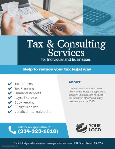 Tax & Consulting Services Flyer Poster Template Accounting Services Flyer, Accounting Services Poster, Bookkeeping Services Flyer, Tax Consultant Logo, Services Poster, Tax Business, Service Poster, Machine Logo, Tax Consulting