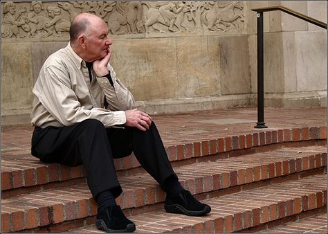 Man Sitting On Steps With Sensible Shoes. by Zen Cat, via Flickr Sitting On The Stairs Pose, Sitting On Stairs Reference, Person Sitting On Ledge, Person Sitting On Stairs, Man Sitting On Stairs, Sitting On Stairs, Body References, Sensible Shoes, Pose Inspiration