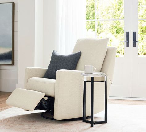 Ayden Square Arm Upholstered Power Swivel Glider Recliner | Pottery Barn Stylish Recliners, Modern Recliner, Swivel Recliner Chairs, Living Room Recliner, Swivel Glider Recliner, Glider Recliner, Swivel Recliner, Glider Chair, Small Space Solutions