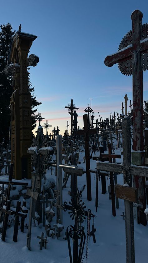 Hill of Crosses, Lithuania - Jan 2024 Lithuania Cross Hill, European Baddie, Hill Of Crosses Lithuania, Lithuania Aesthetic, Apricot Mayor, Hill Of Crosses, Abandoned Churches, Europe Aesthetic, Hiding Places