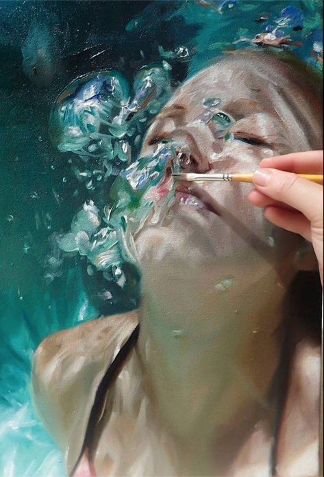 Reisha Perlmutter, Memories Painting, Underwater Paintings, Water Artists, Underwater Portrait, Oil Painting For Beginners, Underwater Painting, Hyper Realistic Paintings, Reflection Art