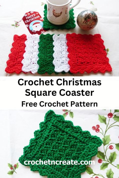 Free crochet Christmas square coaster pattern from crochet 'n' create. Free easy-to-follow pattern. Crochet Tree Coaster, Crochet Patterns Fast, Christmas Crochet Coasters, Holiday Crochet Patterns Free, Square Crochet Coasters, Christmas Crochet Projects, Crochet Christmas Coasters, Easy Christmas Crochet, Christmas Crochet Ideas