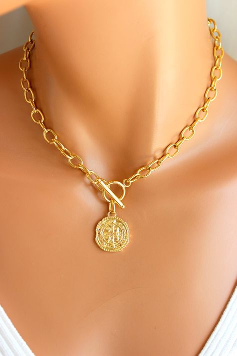 Rolo Chain Necklace, 14kt Gold Jewelry, Ancient Coin Jewelry, Coin Choker, Gold Locket Necklace, Chunky Choker, Choker Gold, Diy Jewelry Inspiration, Ancient Coin