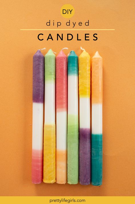 DIY Dip Dye Candles Tutorial - The Pretty Life Girls | The idea for these DIY Dip Dye Candles came about because we had a bunch of left over wax from other candle projects we made and wanted to find a way to use it up. So, I scoured Pinterest and found a bunch of pretty dipped color blocked candles. To make them, you start with white taper candles, then dip them in colored wax! You can do this by making your own colored wax from flakes and candle dye, or you can melt down colored taper candles. Upcycling, Montessori, How To Make Tie Dye Candles, Hand Dipped Candles Diy, Dip Dyed Candles, Diy Dipped Candles, Dip Dye Candles Diy, Diy Candle Dipping, How To Dye Candles