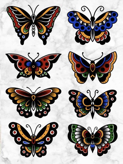 Butterfly Tattoo Old School Color, American Traditional Tattoos Butterfly Color, Colorful Old School Tattoos, Classic Butterfly Tattoo, American Traditional Monarch Butterfly Tattoo, Coloured Traditional Tattoo, American Traditional Butterfly Flash, Small Traditional Butterfly Tattoo, Am Trad Tattoo