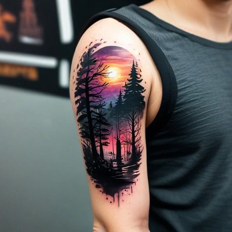 Fall Scene Tattoo, City And Colour Tattoo, Sunset Tattoo Ideas, Sunset Tattoo, Sky Tattoos, Steampunk Tattoo, Scene Tattoo, Majestic Tree, Sunset Tattoos