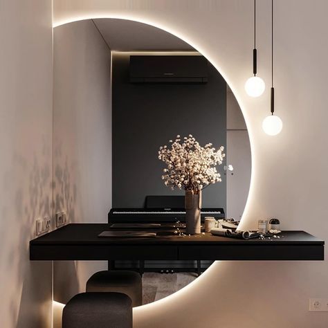 PRICES MAY VARY. 【Frameless Wall Mirror】Wall mirror with three-color backlight, irregular large semicircle design, suitable for entrance, living room, bathroom wall decoration, is a special home decoration. 【Anti-Fog Mirror for Bathroom】The LED mirror is equipped with a built-in defogger. When defogging is required, turn on the defogging button. This way you don't have to worry about fogging up when you take a shower. 【Dimmable light mirror】Multifunctional bathroom mirror lights are divided into Spiegel Design, Mirror Trim, Smart Bathroom, Backlit Mirror, Lighted Mirror, Led Mirror Bathroom, Mirror Wall Bathroom, Wall Mounted Vanity, Half Circle