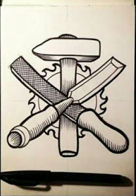 Hammer Tattoo Carpenter, Carpentry Tattoo, Woodworking Tattoo Ideas, Wrench Tattoo, Hammer Tattoo, Chef Tattoo, Tool Tattoo, Album Artwork Cover Art, Door Design Photos