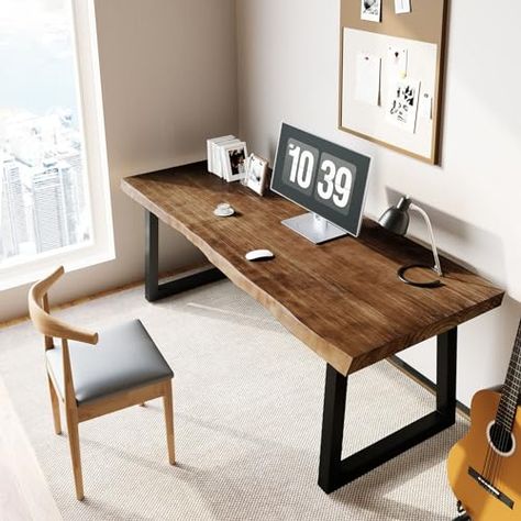 Elio Room, Real Wood Table, Office Inspiration Workspaces, Desk Redo, Large Office Desk, Industrial Loft Design, Bar Desk, Desk Dining Table, Rustic Home Offices