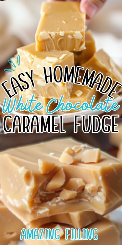 Easy Homemade White Chocolate Caramel Fudge recipe! This delightful treat combines the creamy richness of white chocolate with the indulgent sweetness of caramel for a fudge that's truly irresistible. With just a few simple ingredients and minimal effort, you can create a homemade confection that Easy Creamy Fudge Recipe, Chocolate Caramel Fudge Recipe, Caramel Pecan Fudge, Creamy Fudge Recipe, Caramel Fudge Recipe, Chocolate Caramel Fudge, Homemade White Chocolate, White Chocolate Fudge Recipes, White Chocolate Caramel