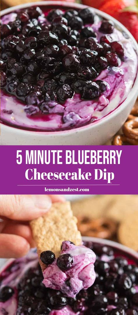 5 Minute Blueberry Cheesecake Dip --Get your graham crackers ready! This rich and creamy dip is ready to go in just minutes. Perfect for an afternoon treat or for your next party! #dip #cheesecake #nobake #dessert #sweettreat #blueberry #cheesecakedip Purple Party Foods, Blueberry Cheesecake Dip, Easy Blueberry Cheesecake, Diy Sauces, Cookie Dip, Dessert Dip Recipes, No Bake Blueberry Cheesecake, Dessert Dip, Cheesecake Parfaits