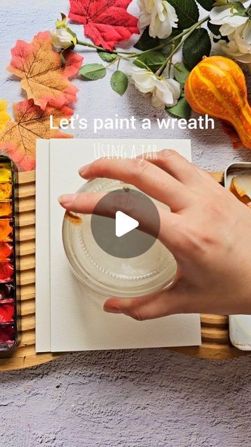 Joly Poa on Instagram: "Let's paint an autumn wreath using a jar 🧡 Check out my autumn watercolor classes on @skillshare 🍂" Thanksgiving Watercolor Cards Tutorial, Autumn Flowers Watercolor, Watercolor Fall Wreath, Fall Watercolor Flowers, Thanksgiving Watercolor Ideas, Thanksgiving Watercolor Art, Watercolor Wreath Tutorial, Water Color Wreath, Things To Paint With Watercolor