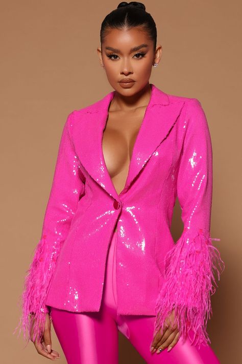 Hot Pink Dress Outfit Party Plus Size, Hot Pink Outfit Black Women, Virgo Groove, Neon Pink Outfit, Pink Sequin Blazer, 70s Aesthetic Fashion, Beyonce Concert, Plus Size Sequin Dresses, Hot Pink Blazers