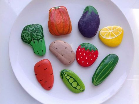 Painted Rocks Fruits And Vegetables, What Paint To Use On Rocks, Painted Rock Food For Kids, Vegetable Rocks Painted Stones, Mud Kitchen Painted Rocks, Rock Painting Fruit, Pineapple Painted Rocks, Painted Rocks For Mud Kitchen, Rock Food Painted