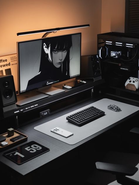 Pc Setup Ideas, Gaming Desk Setup, Computer Desk Setup, Gamer Setup, Home Studio Setup, Desktop Setup, Desk Inspiration, Pc Desk, Bedroom Setup