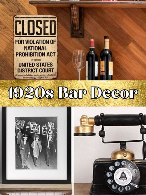 Cool 1920s Bar Decor To Transform Your Space - PinkPopDesign Gatsby Bar Design, Speak Easy Decorations, Speakeasy Table Decor, 1920s Bar Aesthetic, 1920s Aesthetic Decor, 1920s Decor Interior Design, Speakeasy Fundraiser, 1920 Home Decor Interior Design, Prohibition Decor