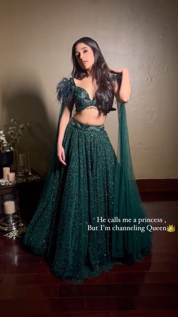 Isa by Dolly Wahal on Instagram: "He calls me a princess, but I’m channeling queen 👑 Got the dreamiest vibe in our emerald green lehenga💚 These jewel tones have us falling in love- the perfect cocktail/reception look, don’t you think ?✨ Muse @siyawahal MUA @bridalmakeupartist_jyotikaria #isabydollywahal #trendingreels #trending #reelsinstagram #bridetobe #receptionlook #receptionbride #receptionlehengas #cocktailoutfit #cocktaildress #bridalinspiration #weddinglehenga #weddinginspiration #re Trending Sangeet Outfits, Cocktail Night Outfit Indian, Green Reception Lehenga, Emerald Green Lengha, Emerald Lehenga, Emerald Green Lehenga, Trending Lehenga Designs, Reception Looks, Jumpsuit Outfit Wedding