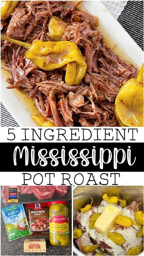 This mouthwatering Mississippi pot roast recipe is a culinary sensation made with just 5 simple ingredients. Tender beef, slow-cooked to perfection, is complemented by zesty ranch seasoning, tangy pepperoncini peppers, savory au jus, and a touch of butter. Essen, Chuck Roast With Pepperoncini, Mississippi Pot Roast Crockpot, Mississippi Pot Roast Recipe, Beef Seasoning, Slow Cooker Mississippi Pot Roast, Crockpot Roast Recipes, Pot Roast Crock Pot Recipes, Mississippi Pot