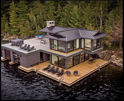 Boat House Ideas, Boathouse Design, House On The Water, Lakefront Living, Floating Homes, House Boats, Water House, Lake Houses, Lake House Plans