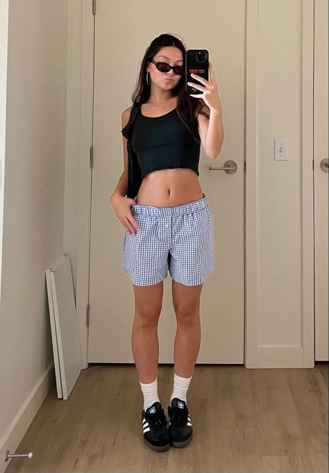 boxers outfit, sambas, summer outfit inspo Pants With Boxers Showing Outfit, Mens Boxers Outfit Female, Sambas Summer Outfit, Blue And White Boxer Shorts Outfit, Girl Boxer Shorts Outfit, Summer Outfits Boxer Shorts, Boxer Short Outfits, Boxers Outfit Female, Women’s Boxer Shorts Outfits