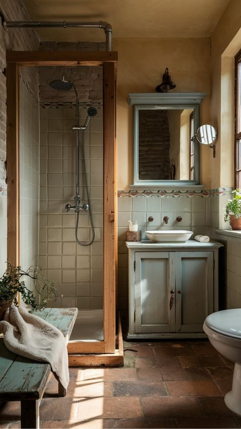 Cabin Restroom Ideas, Rustic Interior Aesthetic, Rustic Vintage Bathroom, Tiny Rustic Bathroom, Small Bathroom Cottagecore, Wooden House Bathroom, Adding A Bathroom To A House, Cozy Vintage Bathroom, Vintage Cabin Bathroom