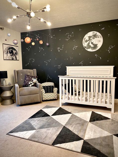 Planets Nursery Theme, Planet Theme Nursery, Moon Inspired Nursery, Boys Astronaut Bedroom, Lunar Nursery Theme, Best Nursery Themes, Baby Room Wall Ideas, Astronaut Room Ideas, Planet Themed Nursery