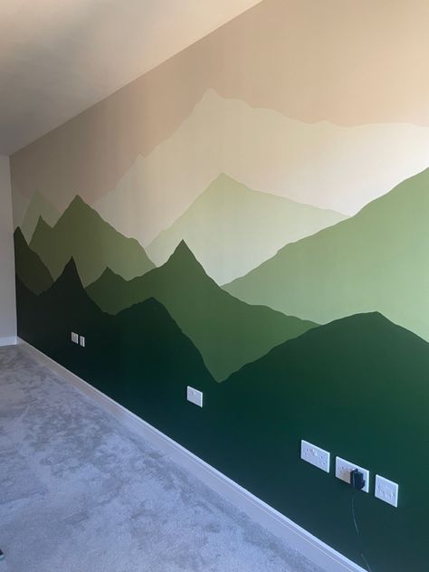 Mural On Green Wall, Mountain Painted Wall, Easy Mountain Mural, Green Mountain Mural, Accent Wall Kids Bedroom, Boy Room Mural, Diy Mountain Wall, Mountain Mural Kids Room, Easy Mural Ideas Diy