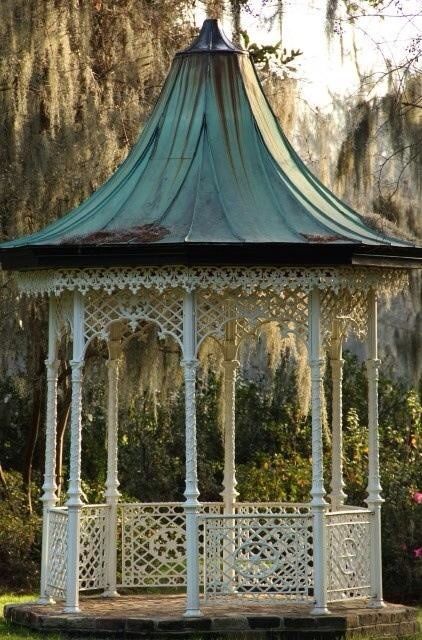 Gazebo, Spanish Moss -love the patina of this roof Victorian Gazebo, Victorian Gardens, Backyard Gazebo, Victorian Garden, Gazebo Pergola, Garden Gazebo, Garden Structures, Lombok, Outdoor Rooms