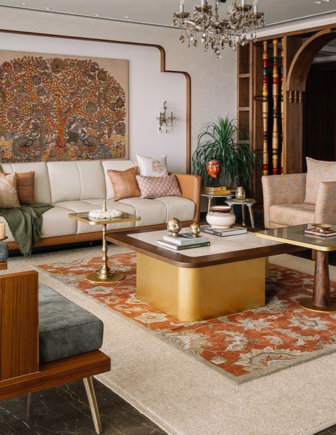 House of Ruya tells tales of Ancient India through this house in Bengaluru Indian Living Room Design, Indian Houses, Bespoke Dining Table, North Goa, Indian Living Room, Drawing Room Interior, Indian Living Rooms, Indian Homes, Ancient India