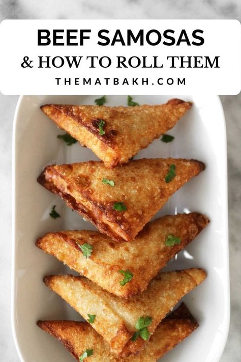 Beef samosas Syrian-style, flavored with tangy pomegranate molasses. This simple appetizer is freezer-friendly and delicious. Fold your samosas like a boss with these tips and tricks. Fried Ground Beef, Beef Samosa Recipe, Beef Samosa, Stuffed Portabella, Simple Appetizer, Cheese Wontons, Beef Meals, Recipes With Ground Beef, Easy Cook