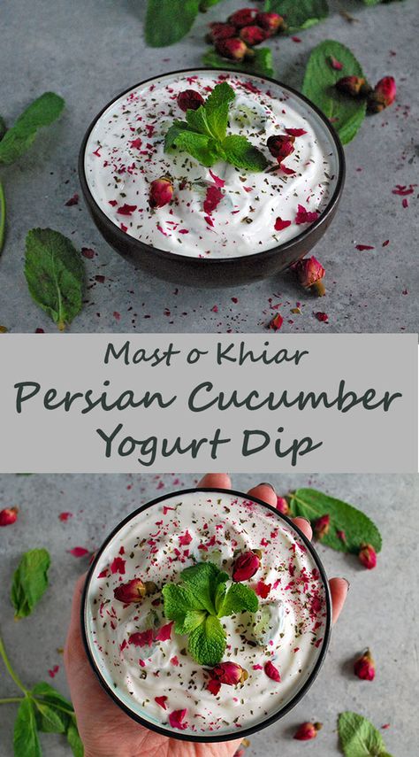 Persian Yogurt Dip, Persian Yogurt Sauce, Mast O Khiar Recipe, Mast O Khiar, Cucumber Yogurt Dip, Yogurt And Cucumber, Persian Food Iranian Cuisine, Persian Dishes, Cucumber Dip