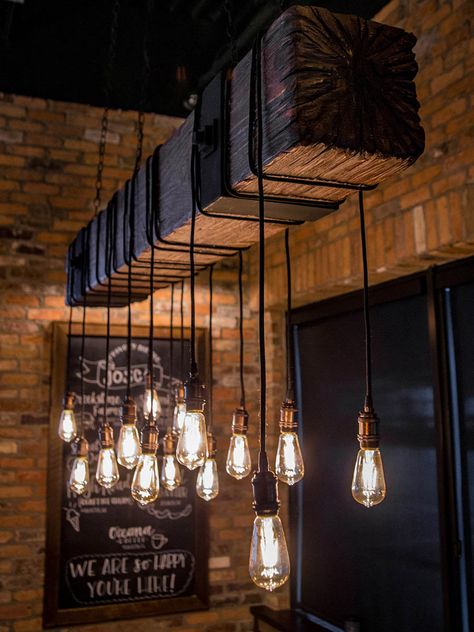 Rustic Beam Chandelier w/ Edison Bulbs Rustic Chandelier Diy, Beam Lighting Ideas, Rustic Beam Light Fixture, Wood Beam Light Fixture, Edison Bulb Chandelier Dining Room, Hanging Edison Lights, Beam Light Fixture, Hanging Edison Bulbs, Wooden Beam With Hanging Lights