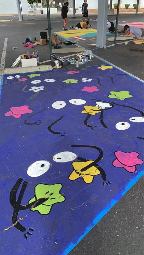 Studio Ghibli Senior Parking Spot, Studio Ghibli Parking Spot, My Neighbor Totoro Painting, Parking Space Painting Ideas, Ponyo Painting, Highschool Parking Spot Ideas, Soot Spirit, Totoro Painting, Painted Parking Spots Senior