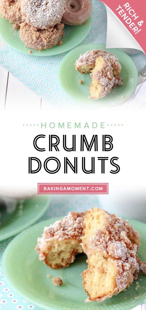 Crumb Donut Recipes, Crumb Donut, Mini Donut Recipes, Cinnamon Crumb Cake, Raised Donuts, Cake Donuts Recipe, Cinnamon Glaze, Easy Donut Recipe, Chocolate Crumbs