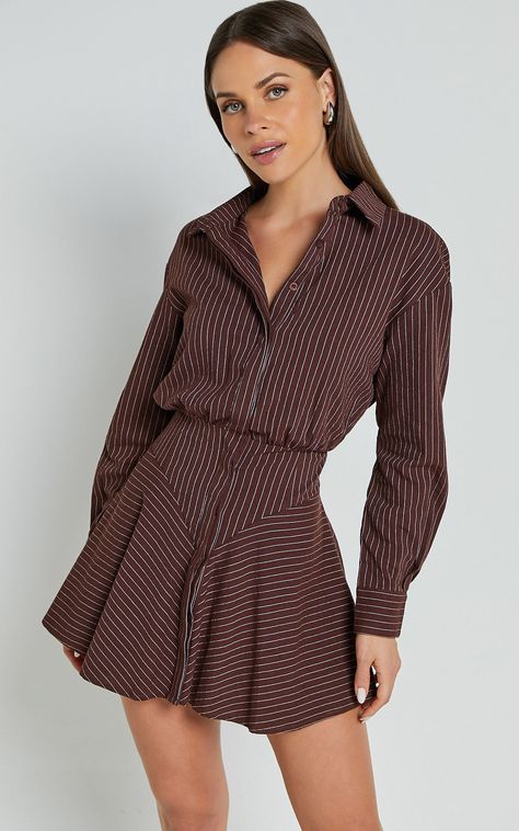 Whitney Mini Dress - Linen Look Long Sleeve Shirt Dress in Chocolate Pinstripe Work Dress Women Office, Long Sleeve Matching Set, Fall Shirt Dress, Collard Dress Outfits, Fall 2024 Dresses, Jcrew Style Inspiration, Classy Everyday Outfits, Class Outfits College, Business Casual Dress Outfits