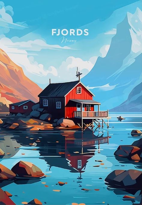 Norway Illustration, Fjords Norway, Norway Vacation, Wanderlust Decor, Vintage Poster Design, Travel Globe, Retro Travel Poster, Landscape Drawings, Travel Wall Art